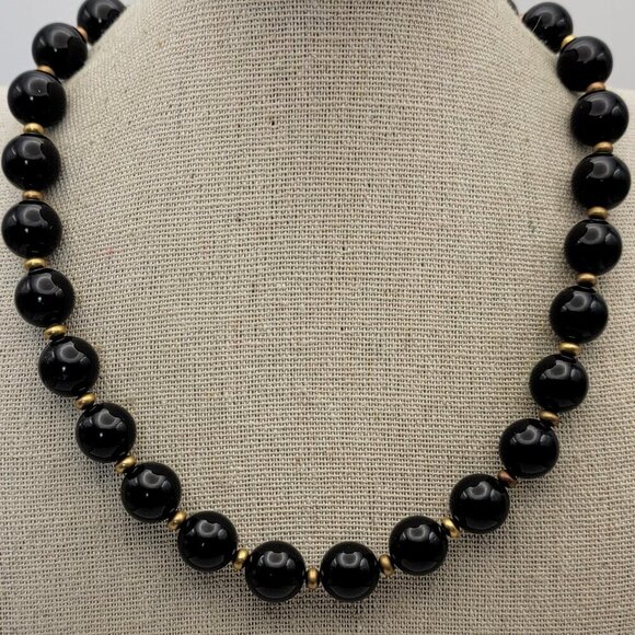 Vintage Black Glass Ball Beaded Necklace Gold-Tone Spacets And Box Clasp 17 in - Picture 1 of 8